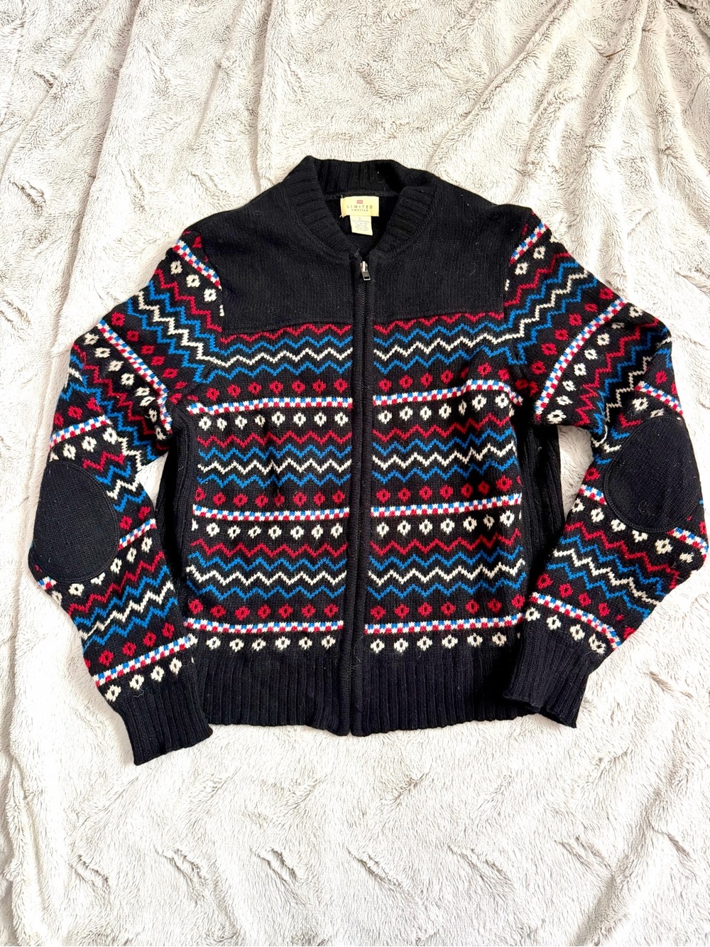Vintage 90s Limited America Lambswool Fair Isle Zip Cardigan Sweater L